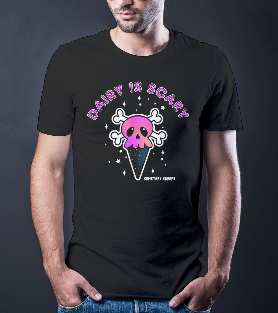 Dairy Is Scary Vegan Halloween Horror Cemetery Creeps Skullicone T-Shirt