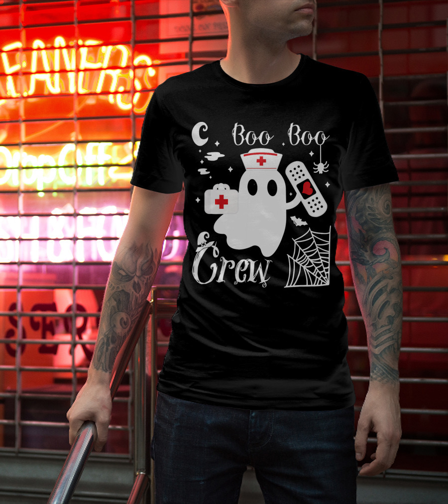 Boo Boo Crew Ghost Nurse With Bandage And Spider Web And Medical Symbols T-Shirt
