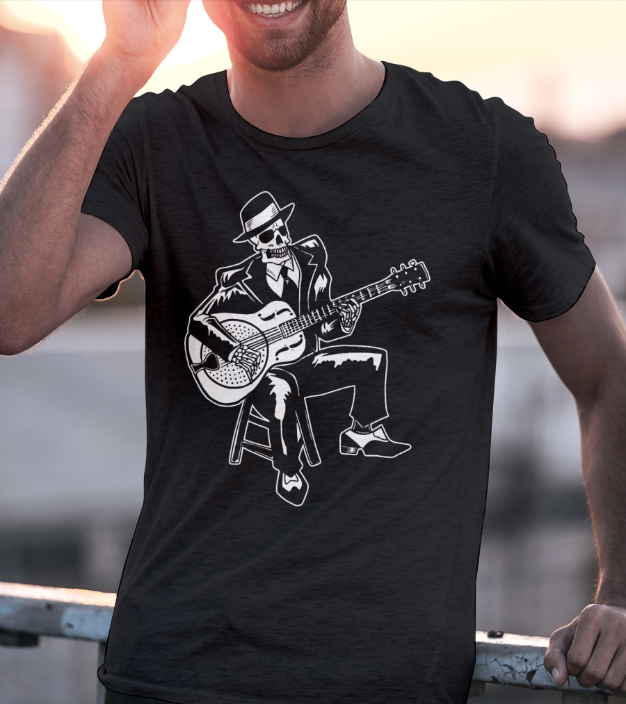 Blues Music Skeleton Playing Guitar With Fedora And Suit T-Shirt