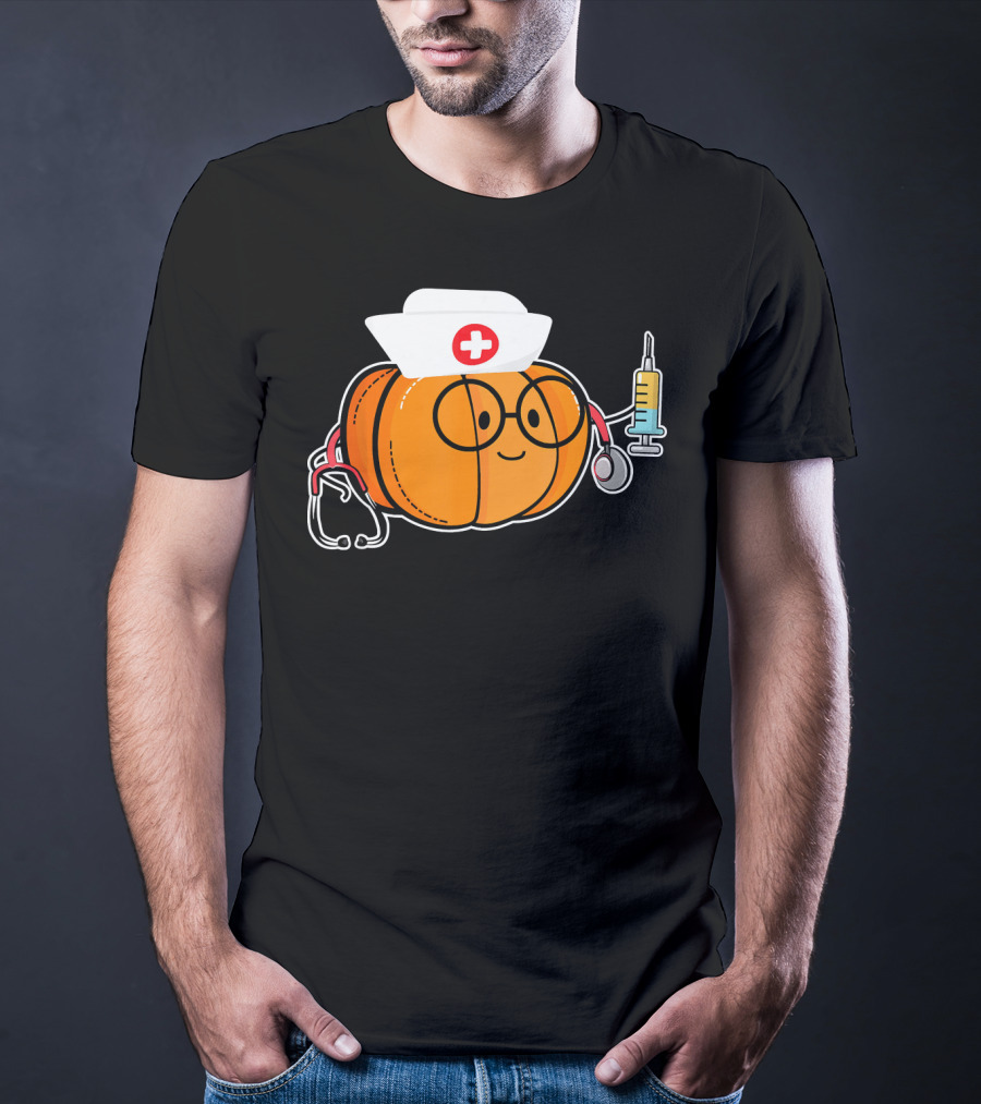 Nurse Halloween Pumpkin With Stethoscope And Syringe Smiling Face T-Shirt