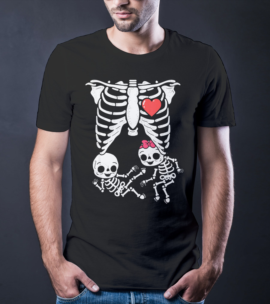Skeleton Pregnancy Announcement With Baby Skeletons And Heart T-Shirt