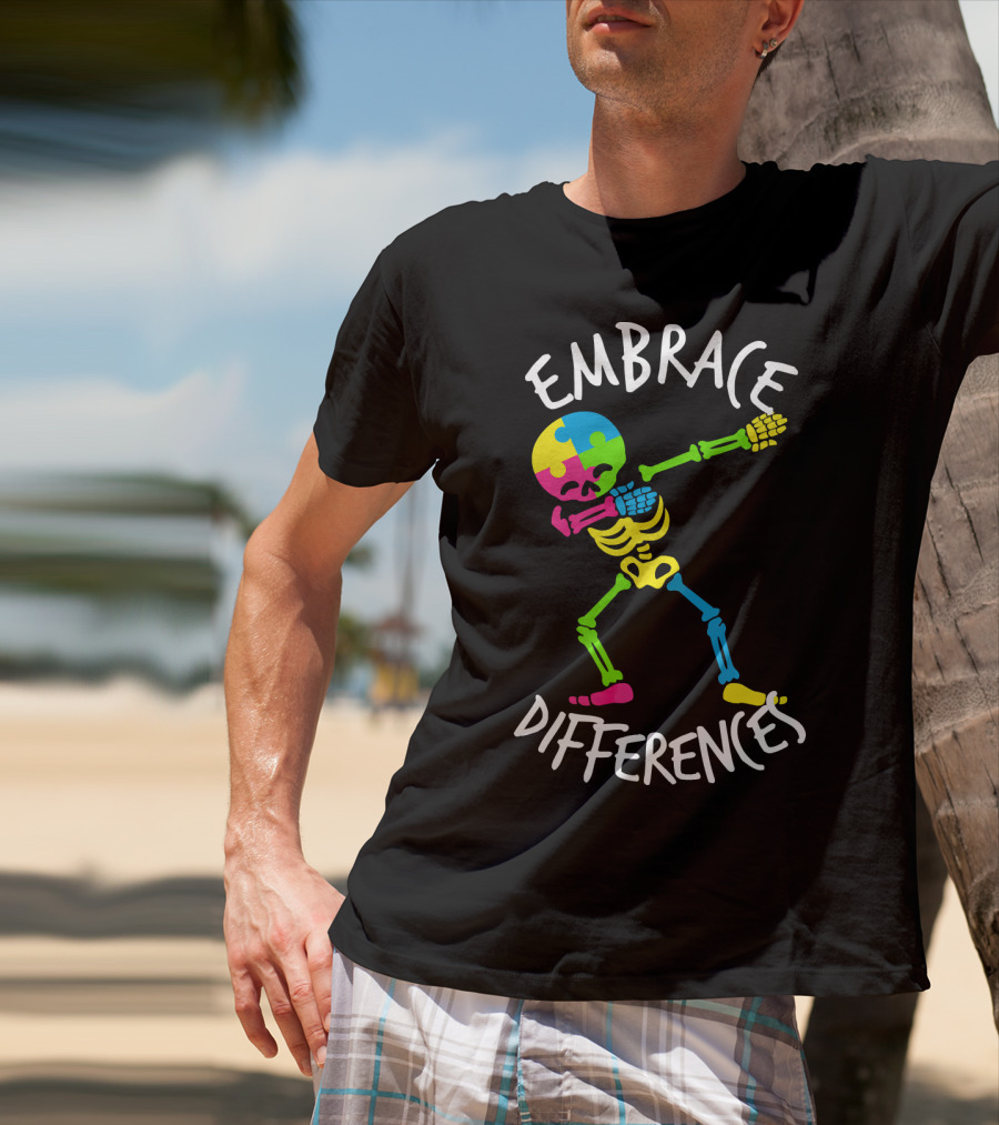 Embrace Differences Autism Awareness Colorful Skeleton Dabbing T-Shirt