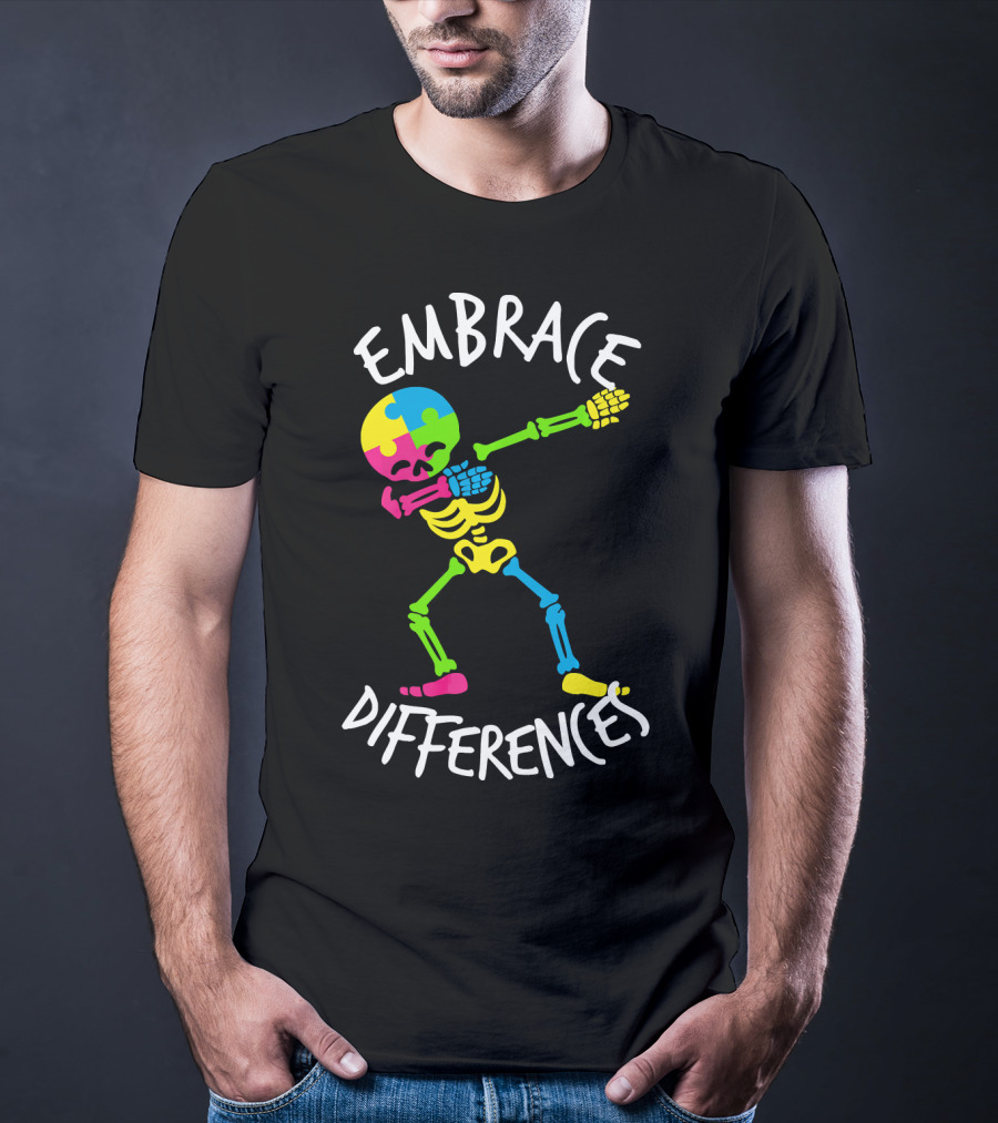 Embrace Differences Autism Awareness Colorful Skeleton Dabbing T-Shirt
