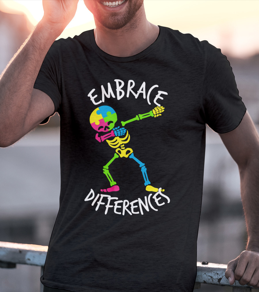 Embrace Differences Autism Awareness Colorful Skeleton Dabbing T-Shirt