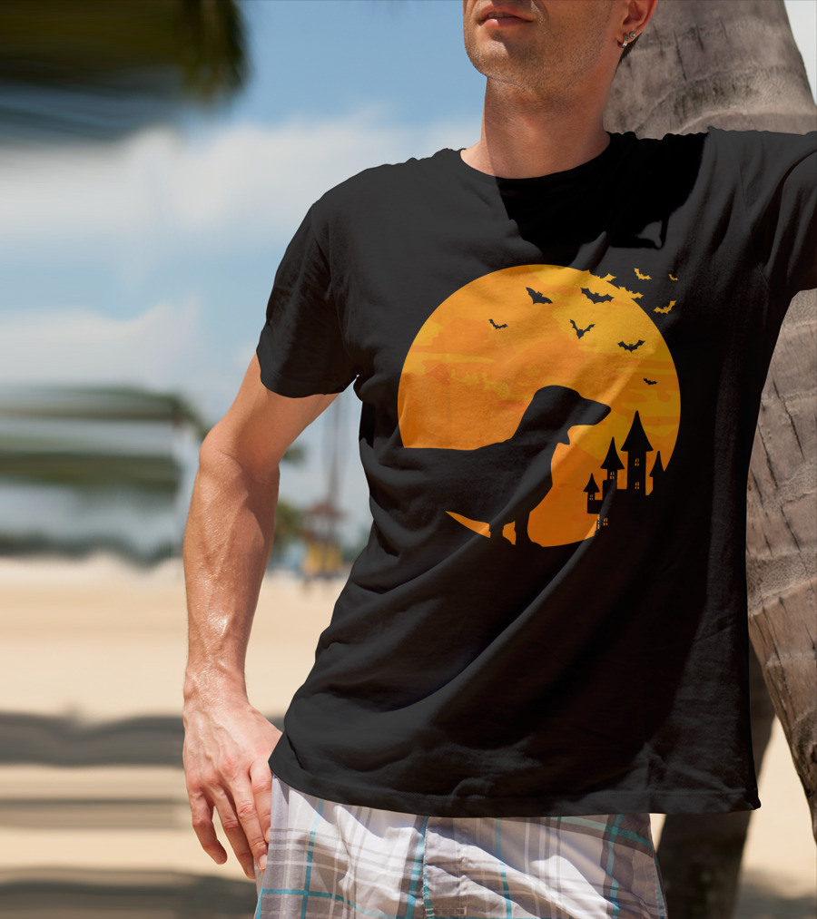 Dachshund Halloween Silhouette With Bats And Haunted Castle T-Shirt