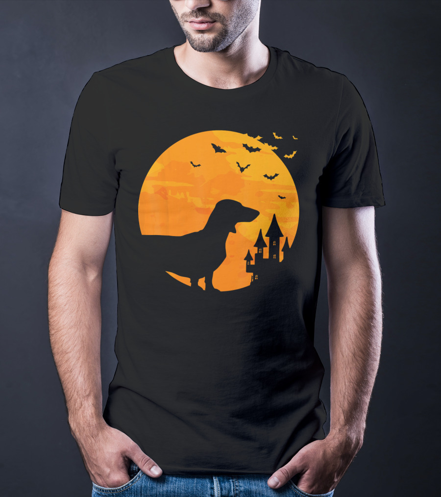Dachshund Halloween Silhouette With Bats And Haunted Castle T-Shirt