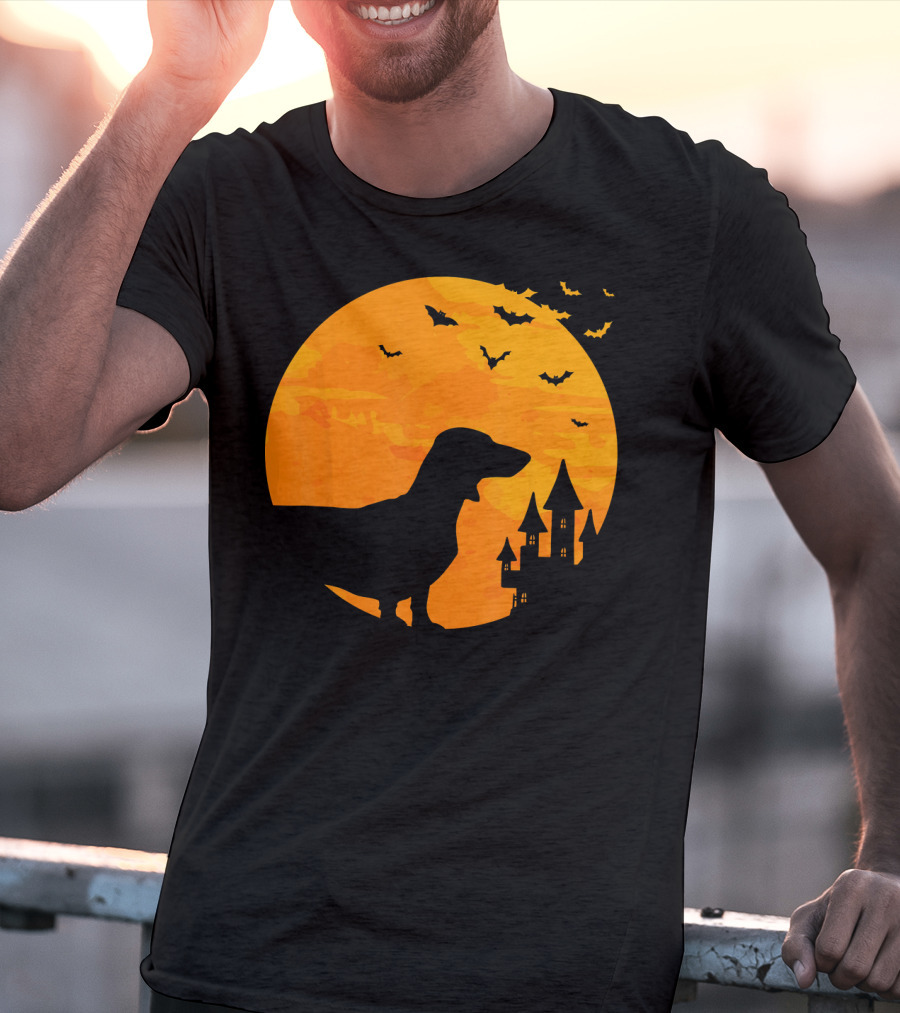 Dachshund Halloween Silhouette With Bats And Haunted Castle T-Shirt