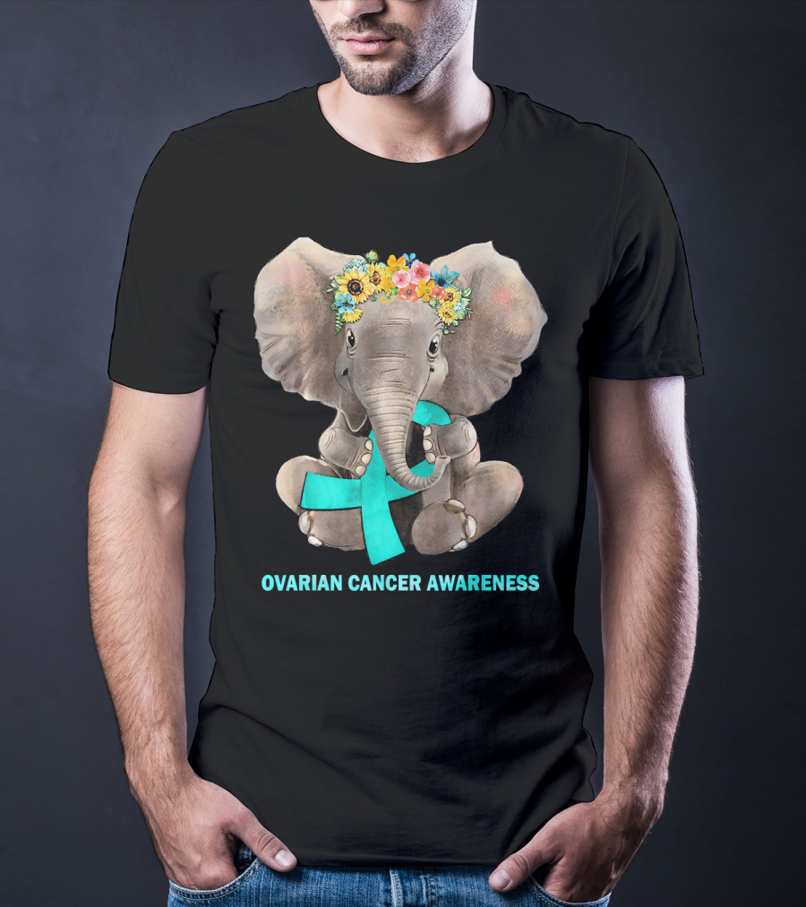 Hippie Elephant Holding Teal Ribbon Ovarian Cancer Awareness T-Shirt