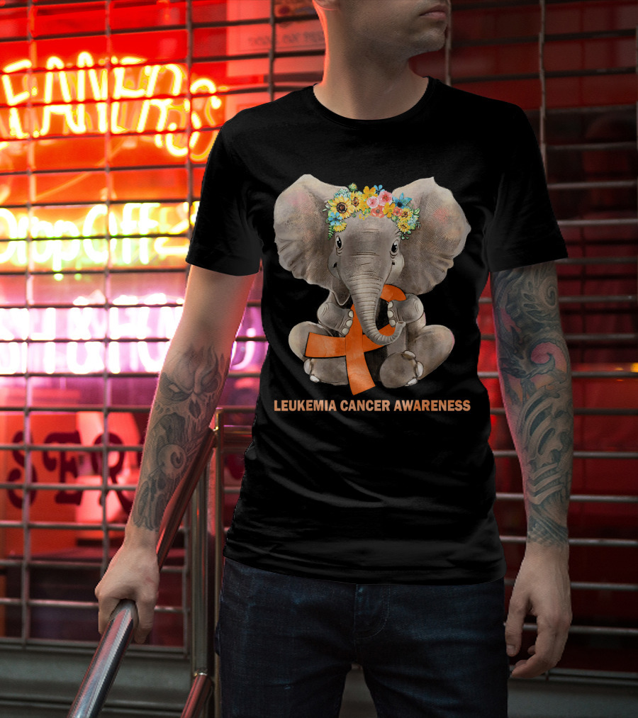 Hippie Elephant With Flower Crown Holding Orange Ribbon Leukemia Cancer Awareness T-Shirt