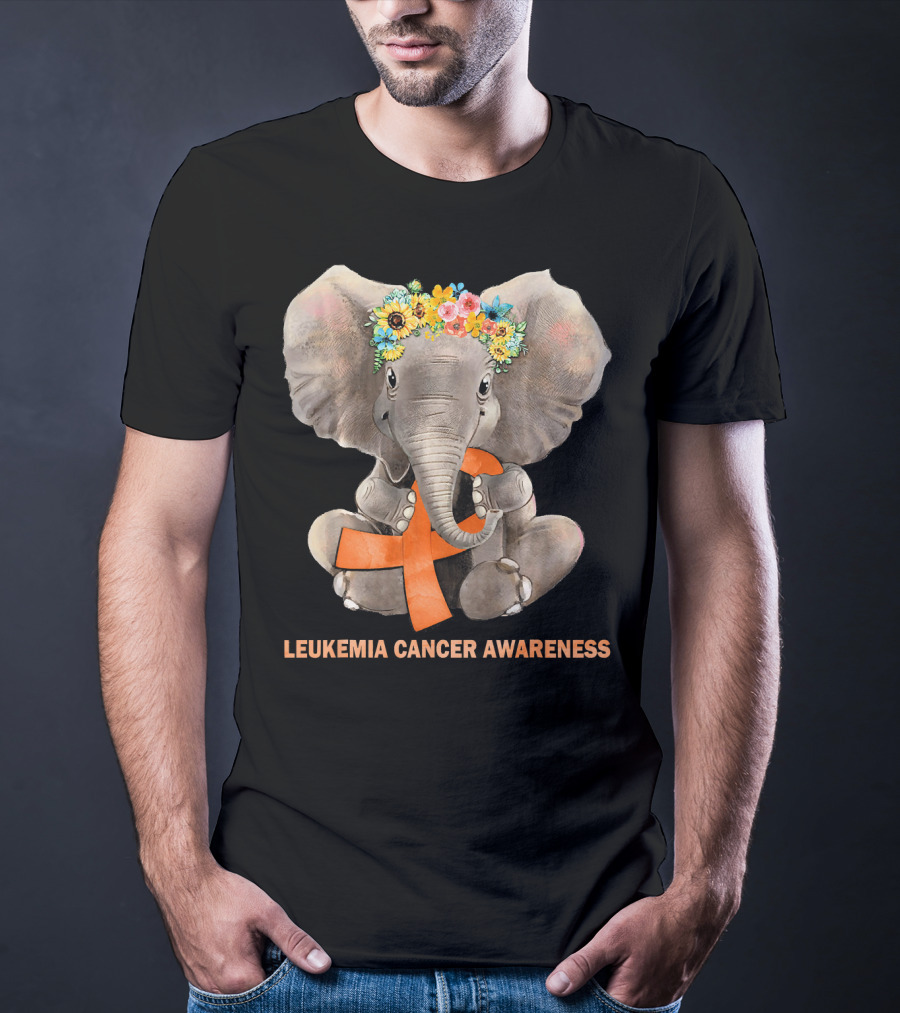 Hippie Elephant With Flower Crown Holding Orange Ribbon Leukemia Cancer Awareness T-Shirt