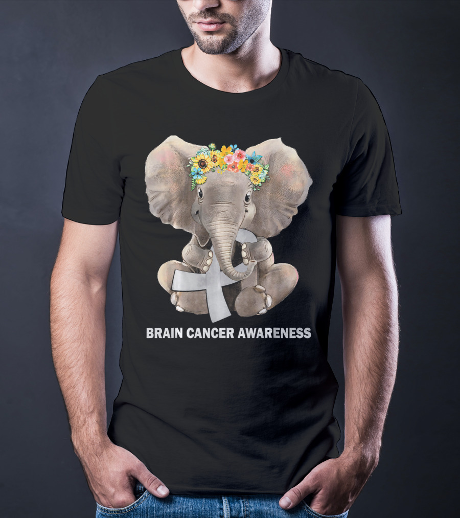 Hippie Elephant Holding Gray Ribbon Brain Cancer Awareness T-Shirt