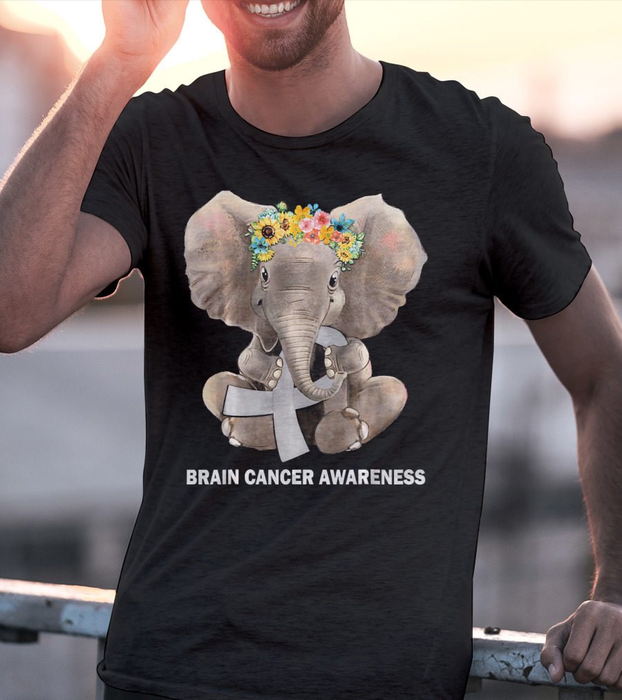 Hippie Elephant Holding Gray Ribbon Brain Cancer Awareness T-Shirt