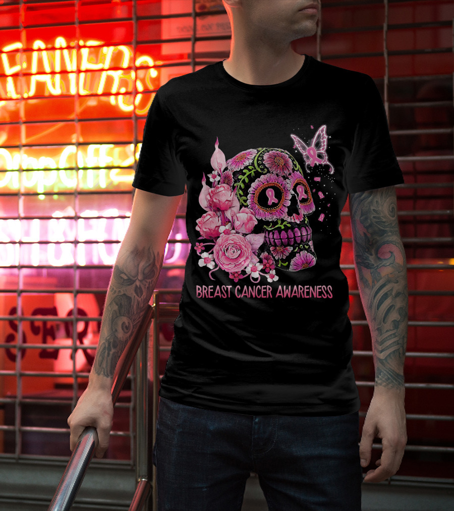 Skull Flower Breast Cancer Awareness Pink Ribbon Butterfly Roses T-Shirt