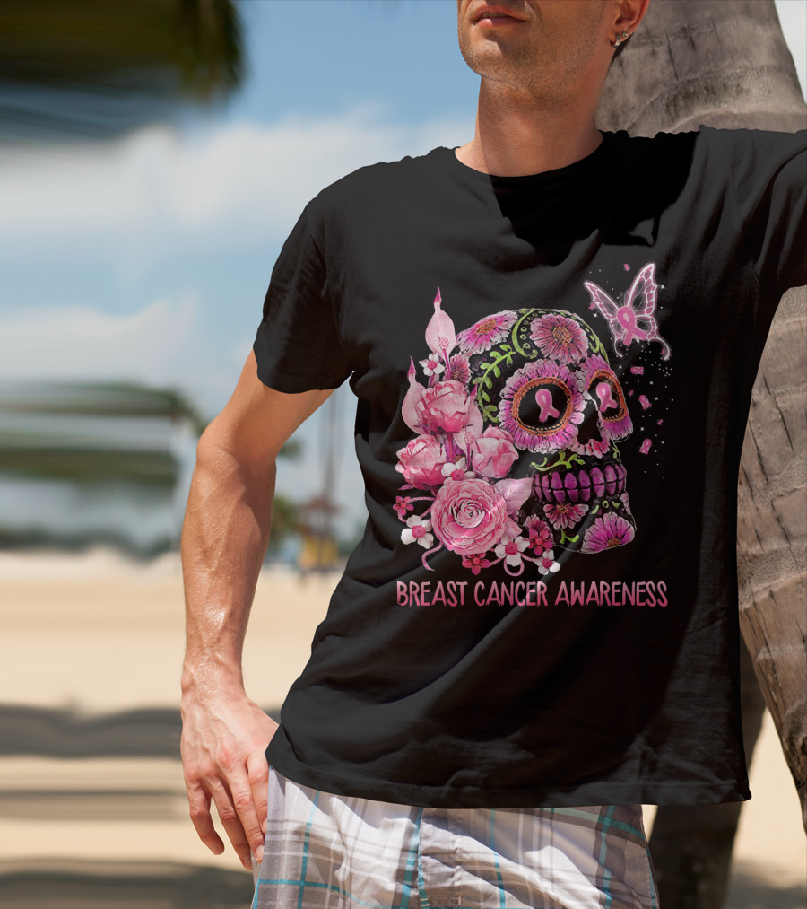 Skull Flower Breast Cancer Awareness Pink Ribbon Butterfly Roses T-Shirt