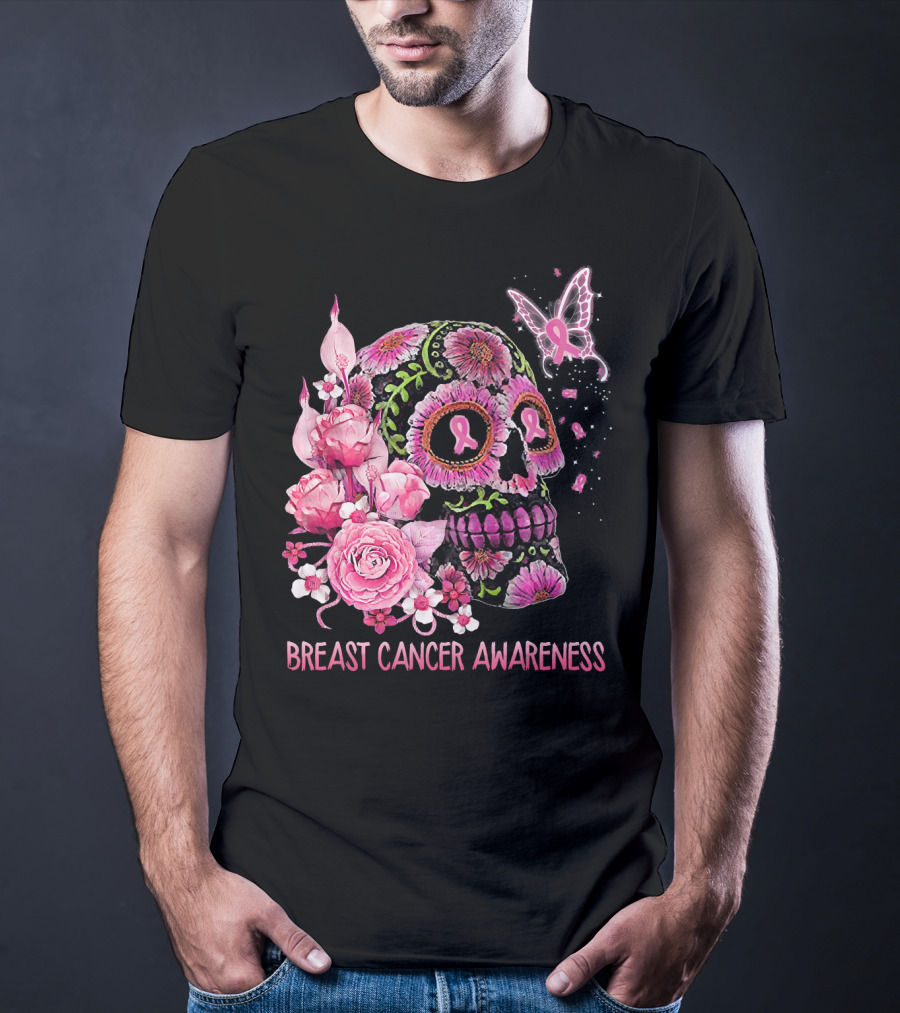 Skull Flower Breast Cancer Awareness Pink Ribbon Butterfly Roses T-Shirt