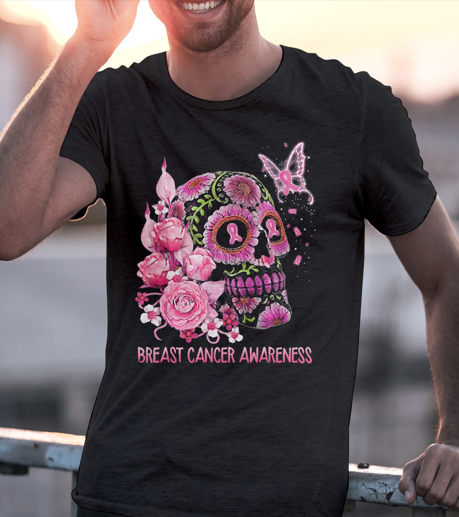 Skull Flower Breast Cancer Awareness Pink Ribbon Butterfly Roses T-Shirt