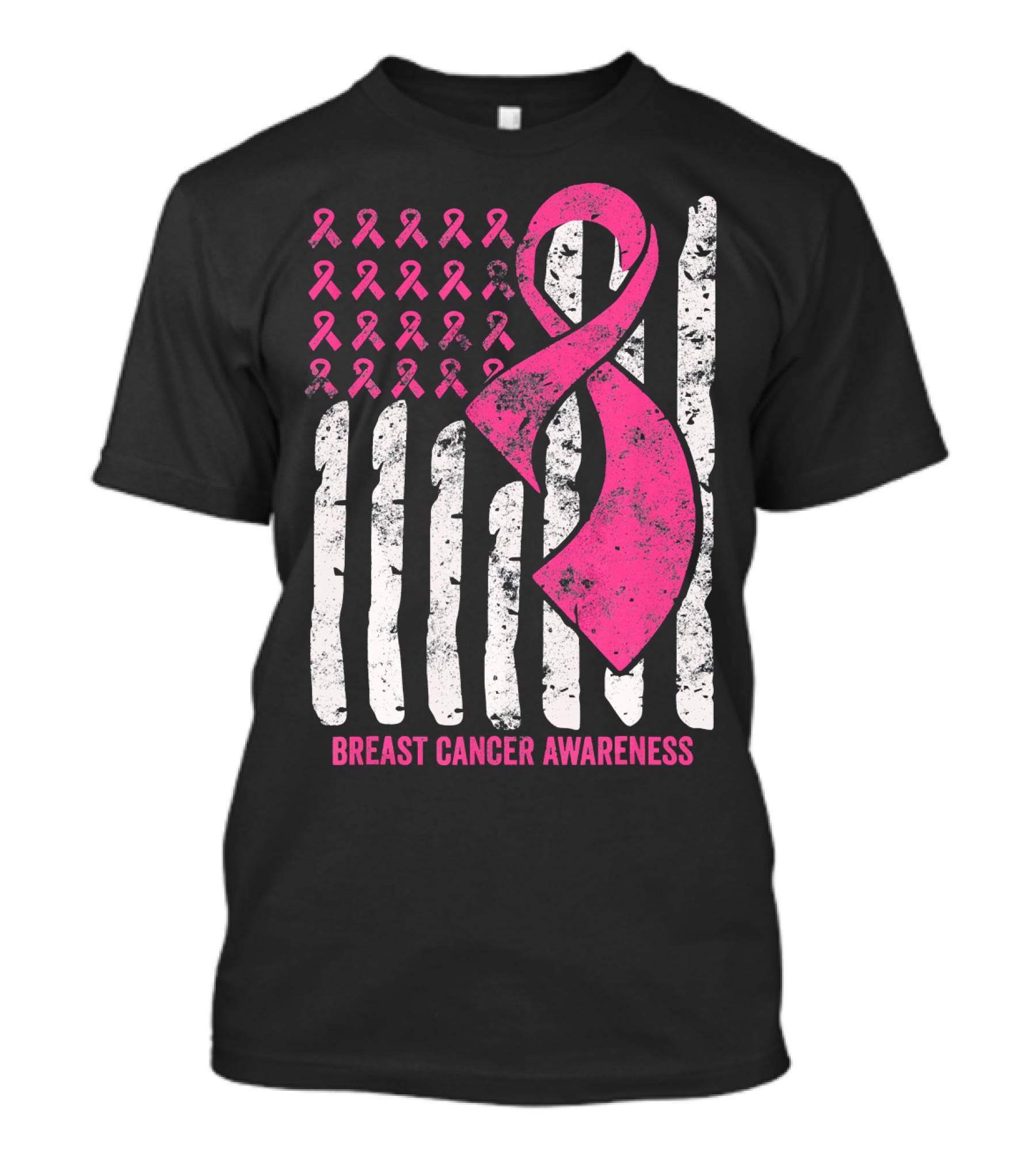 Breast Cancer Awareness Distress Pink Ribbon American Flag T-Shirt