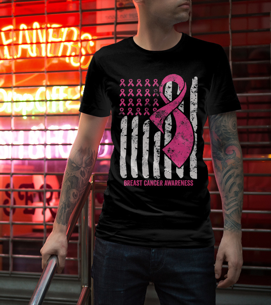 Breast Cancer Awareness Distress Pink Ribbon American Flag T-Shirt