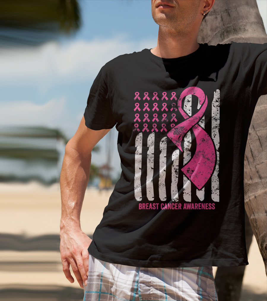 Breast Cancer Awareness Distress Pink Ribbon American Flag T-Shirt