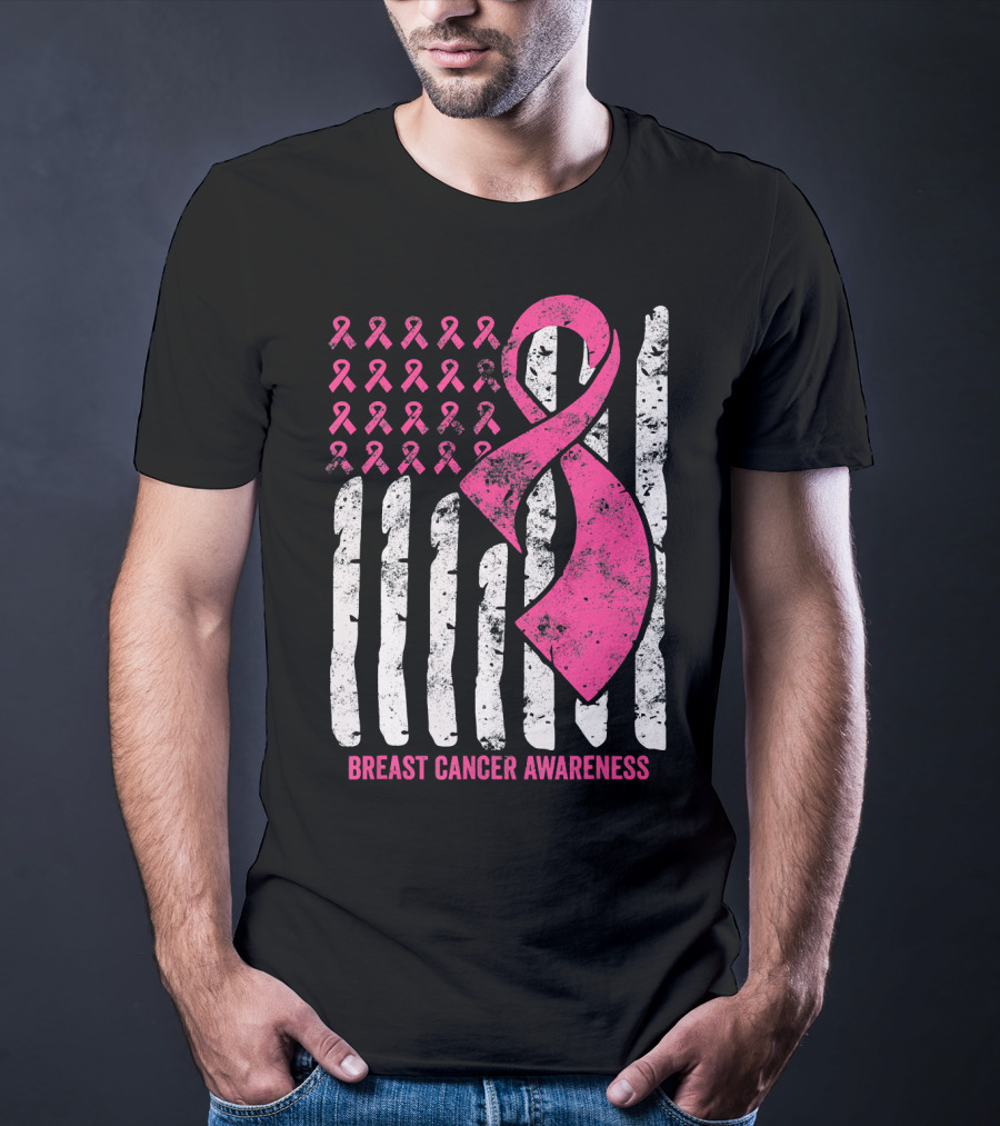 Breast Cancer Awareness Distress Pink Ribbon American Flag T-Shirt