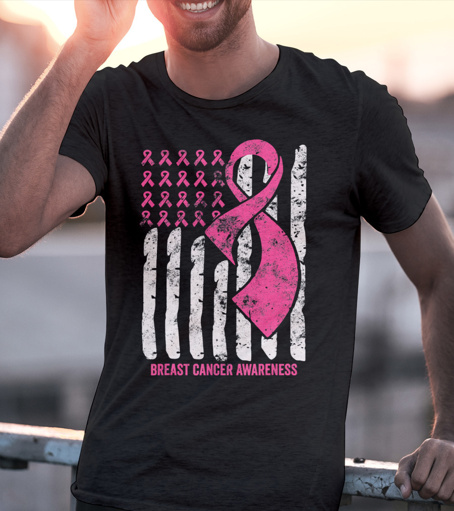 Breast Cancer Awareness Distress Pink Ribbon American Flag T-Shirt