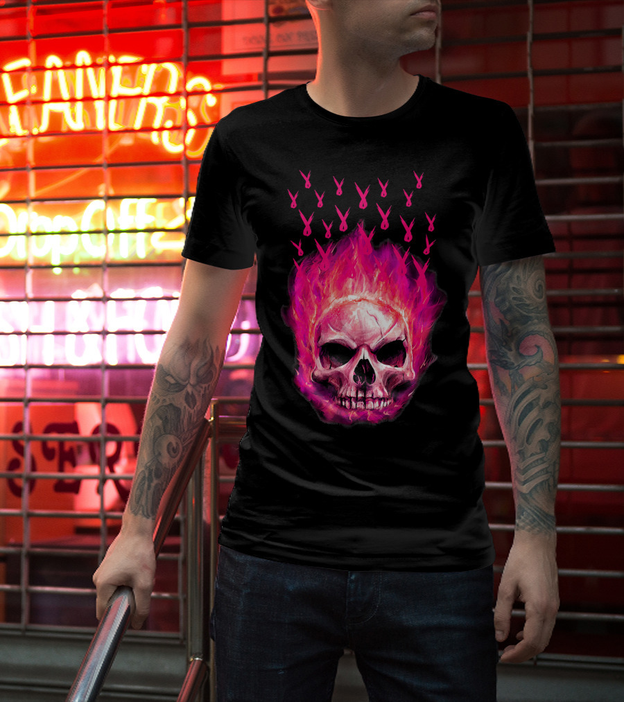 Halloween Skull Flaming Pink Ribbon Breast Cancer Awareness T-Shirt