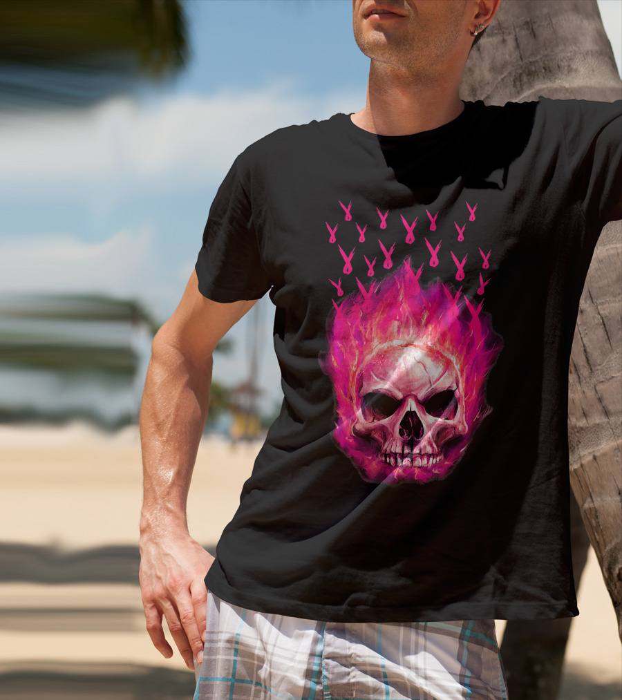 Halloween Skull Flaming Pink Ribbon Breast Cancer Awareness T-Shirt