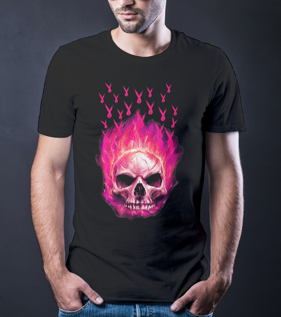 Halloween Skull Flaming Pink Ribbon Breast Cancer Awareness T-Shirt
