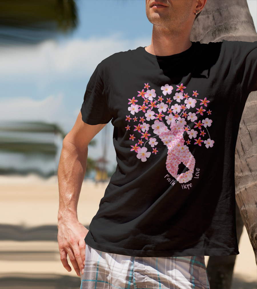 Faith Hope Love Breast Cancer Ribbon Floral Blossoms T-Shirt