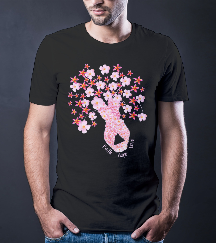 Faith Hope Love Breast Cancer Ribbon Floral Blossoms T-Shirt
