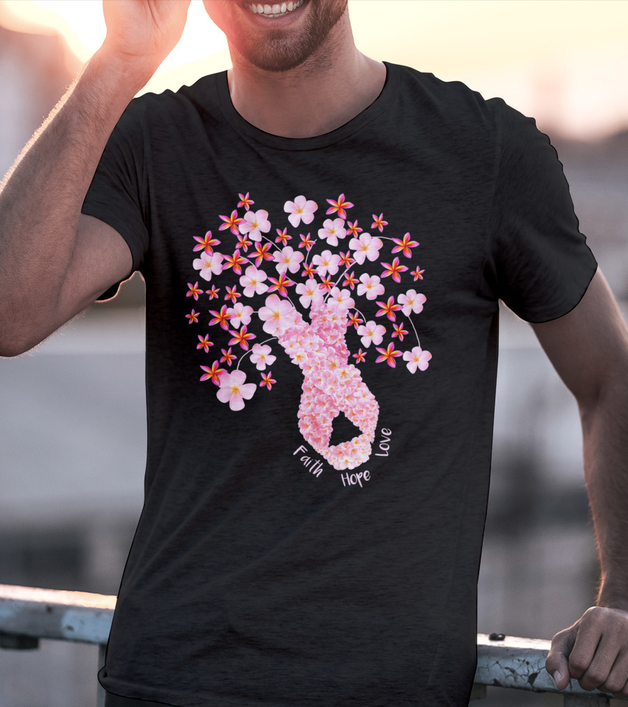 Faith Hope Love Breast Cancer Ribbon Floral Blossoms T-Shirt