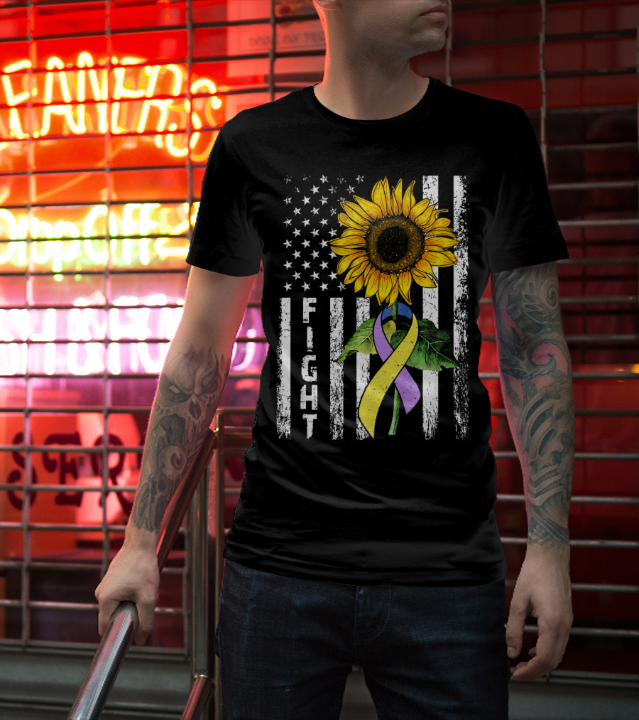 USA Flag Sunflower Fight Ribbon Bladder Cancer T-Shirt