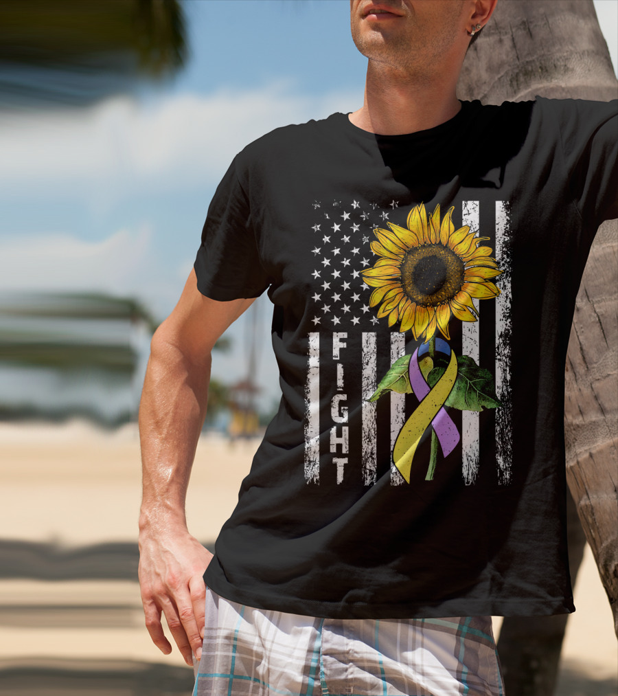 USA Flag Sunflower Fight Ribbon Bladder Cancer T-Shirt