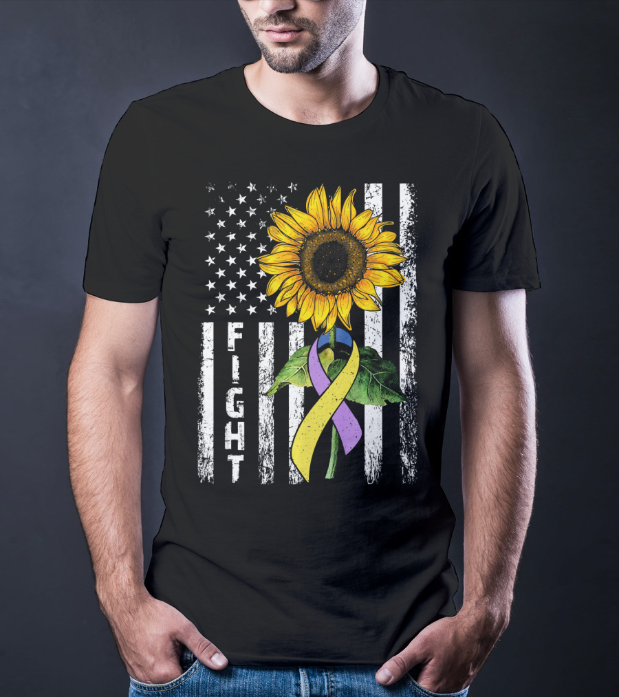 USA Flag Sunflower Fight Ribbon Bladder Cancer T-Shirt
