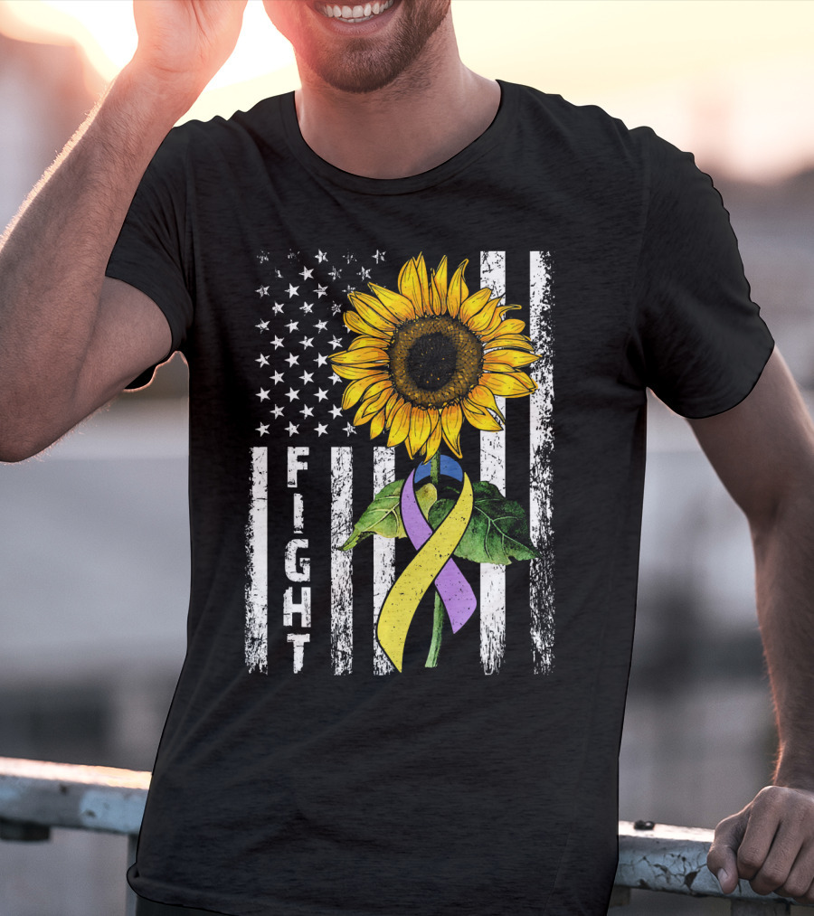 USA Flag Sunflower Fight Ribbon Bladder Cancer T-Shirt