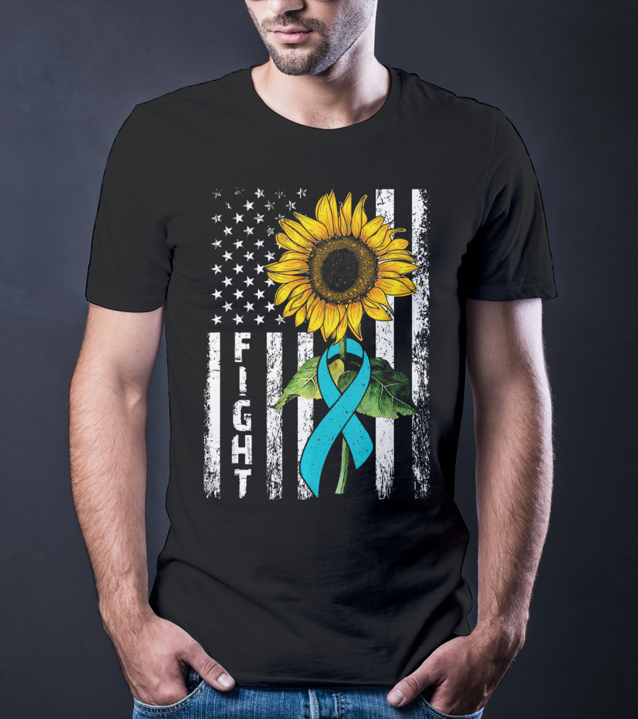 America Flag Sunflower Teal Ribbon Ovari Fight T-Shirt