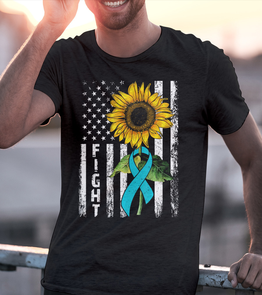 America Flag Sunflower Teal Ribbon Ovari Fight T-Shirt