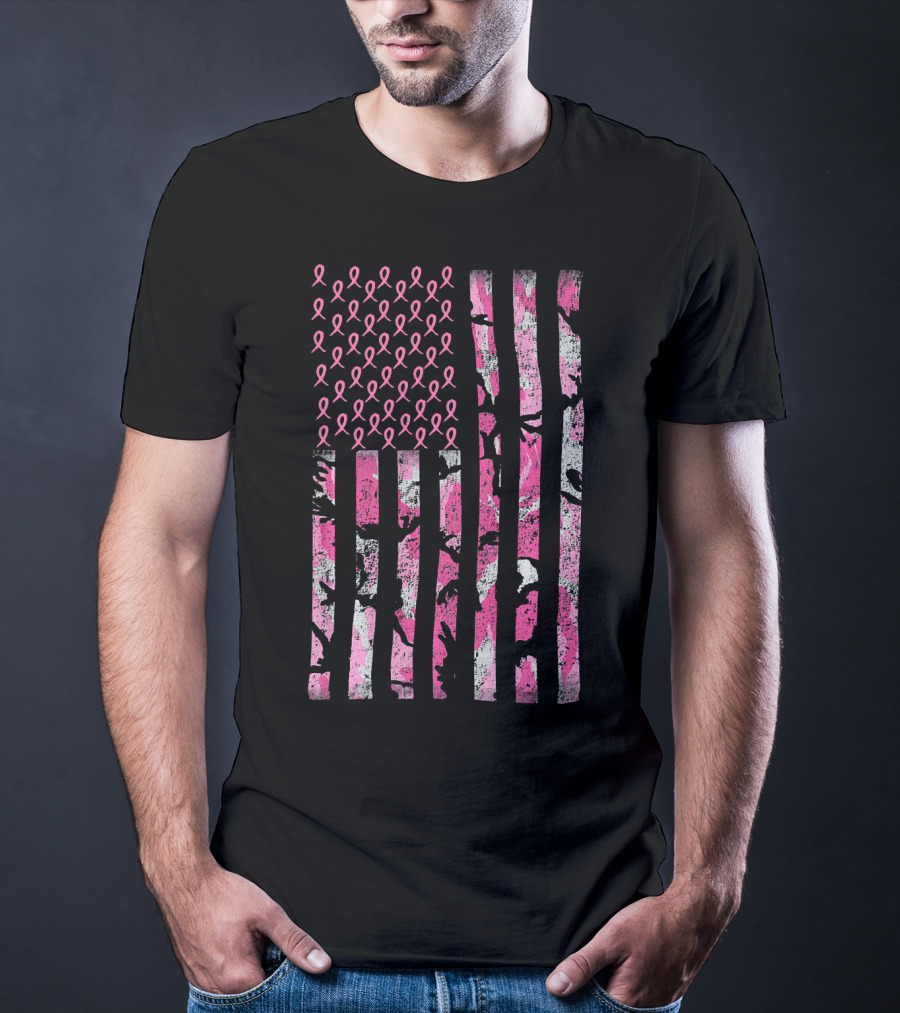Breast Cancer Awareness Survivor Pink Ribbon American Flag Camo T-Shirt