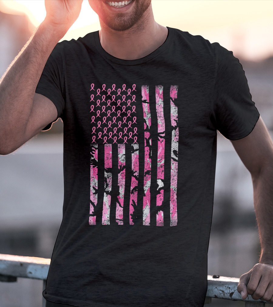 Breast Cancer Awareness Survivor Pink Ribbon American Flag Camo T-Shirt