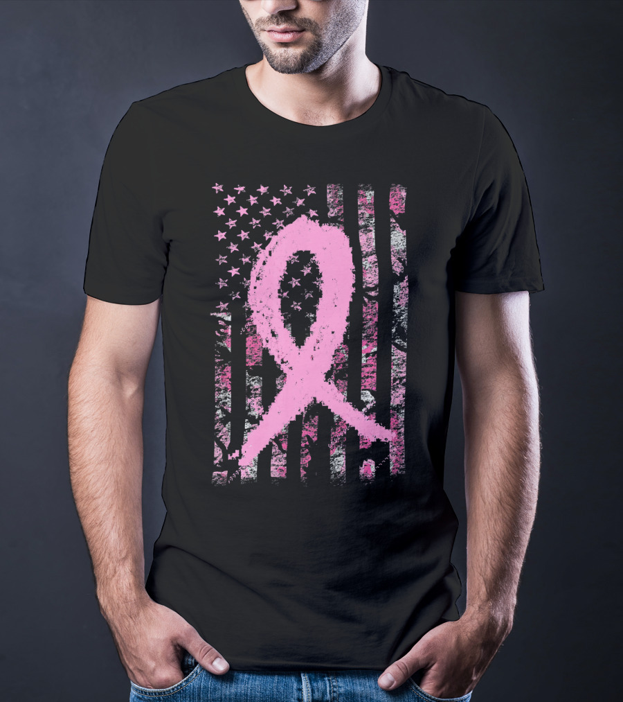 Pink Breast Cancer Ribbon Camouflage American Flag T-Shirt