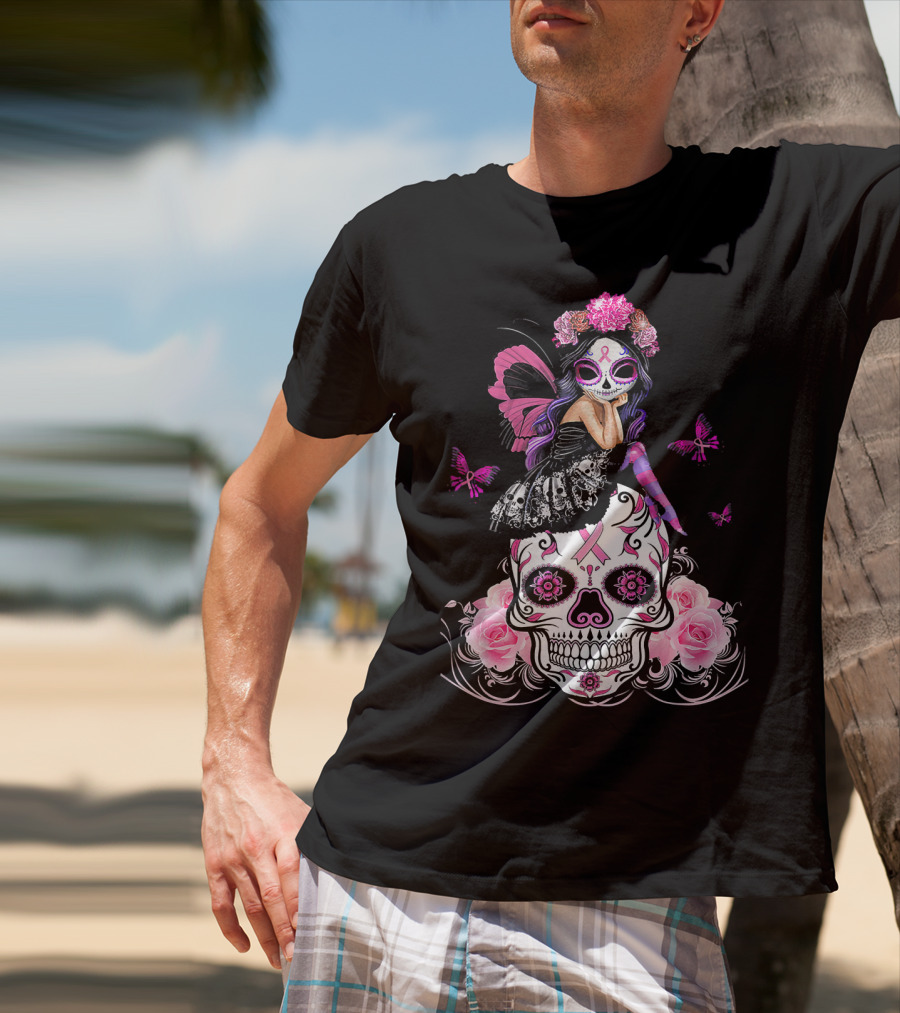 Cute Fairy Sugar Skull Breast Cancer Awareness T-Shirt