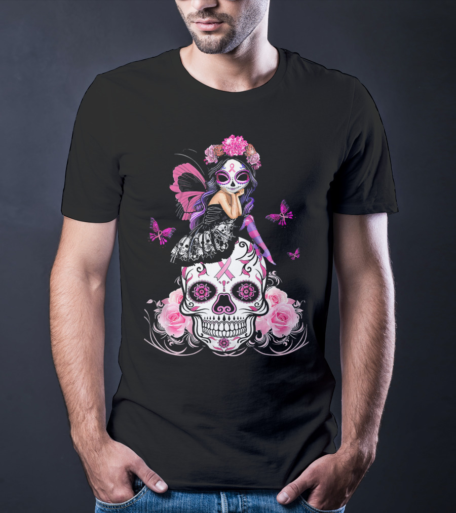 Cute Fairy Sugar Skull Breast Cancer Awareness T-Shirt