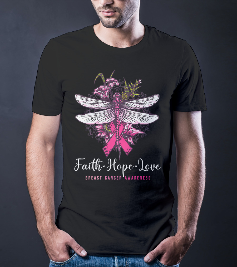 Faith Hope Love Breast Cancer Awareness Dragonfly Pink Ribbon Floral Motif T-Shirt