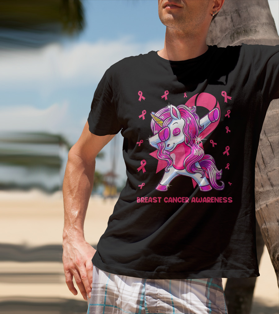 Breast Cancer Awareness Dabbing Unicorn Pink T-Shirt