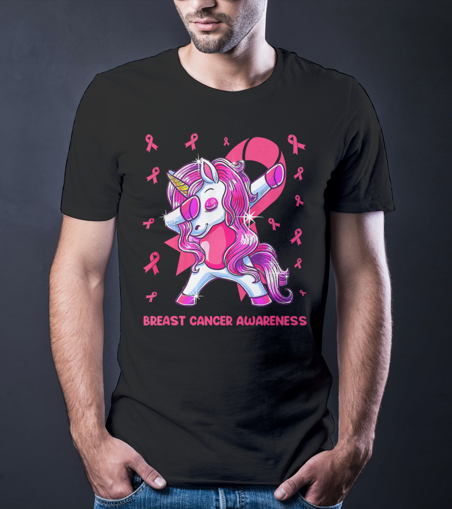 Breast Cancer Awareness Dabbing Unicorn Pink T-Shirt
