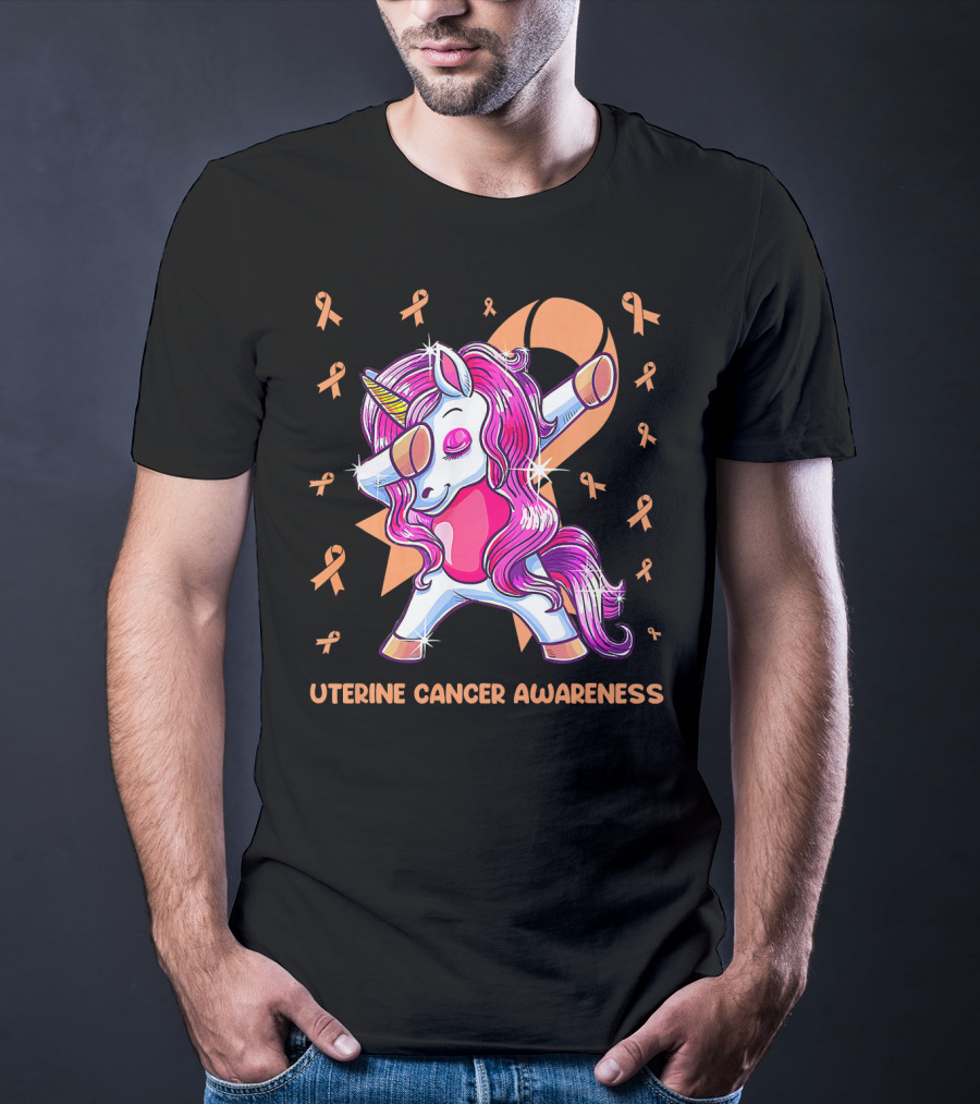 Dabbing Unicorn With Pink Ribbon For Uterine Cancer Awareness T-Shirt