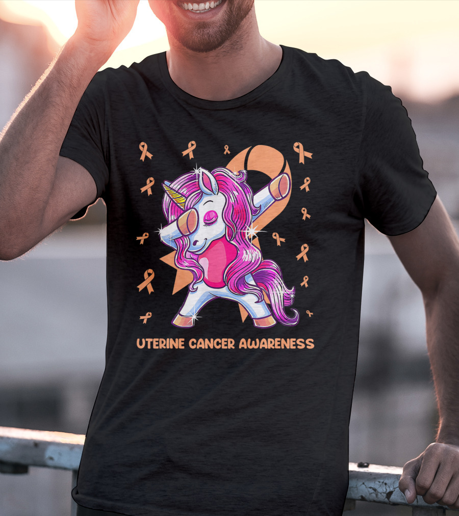 Dabbing Unicorn With Pink Ribbon For Uterine Cancer Awareness T-Shirt