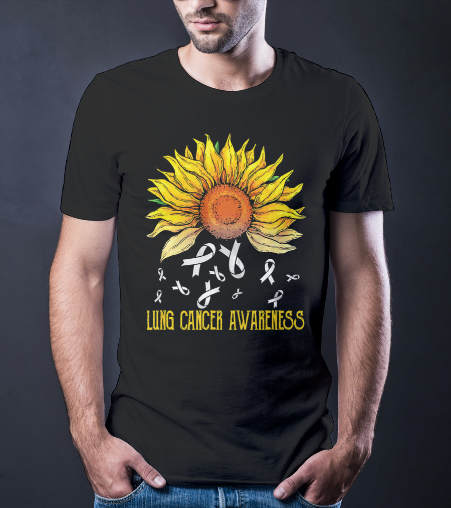 Lung Cancer Awareness Sunflower With White Ribbons T-Shirt
