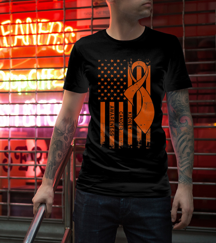 Kidney Cancer Awareness Orange Ribbon American Flag T-Shirt