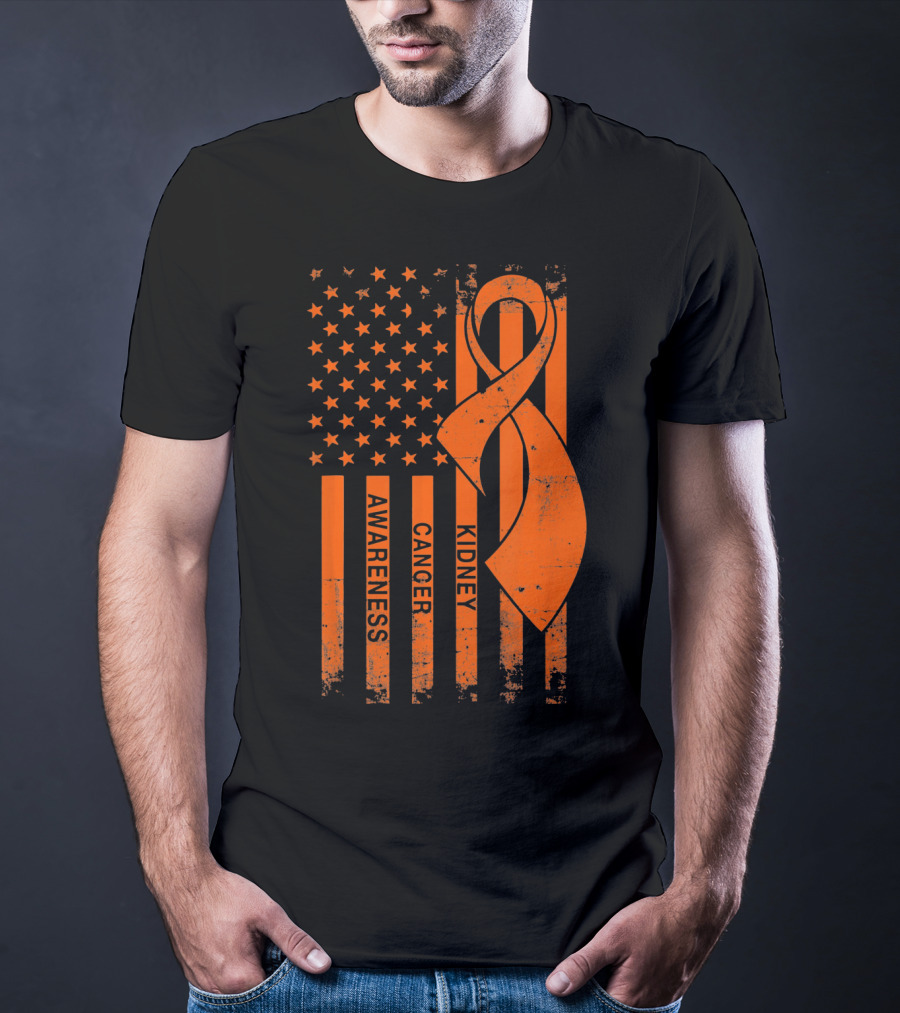 Kidney Cancer Awareness Orange Ribbon American Flag T-Shirt